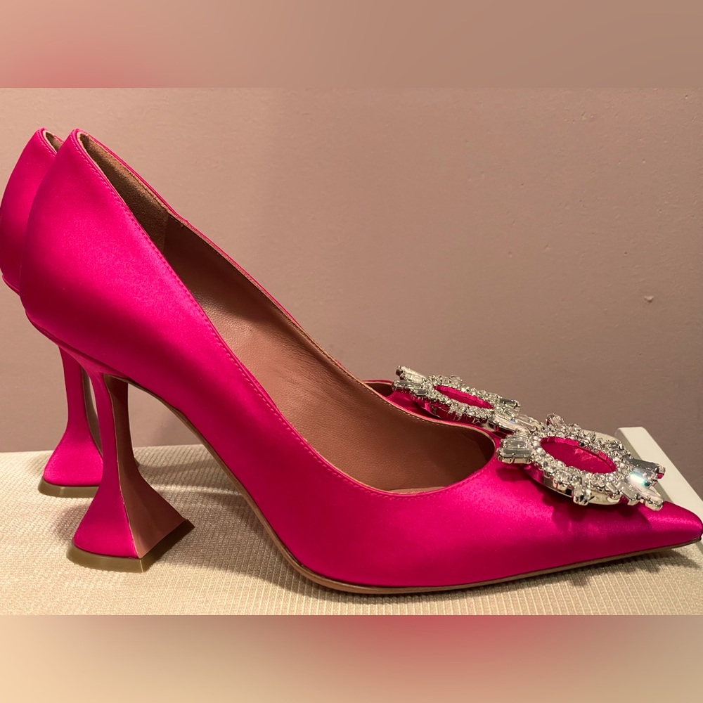 Amina Muaddi Hot Pink Satin Heels with Crystal Buckle